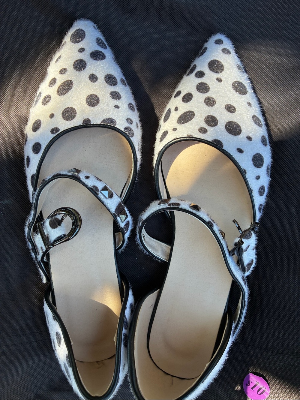 Sundance White and Black Polka Dot Pointed Mary Jane Flats